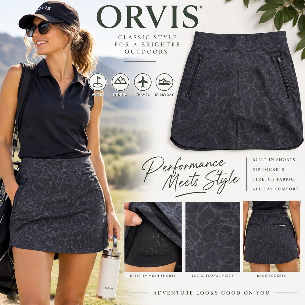 Orvis Floral Performance Skort S Golf Hiking Travel Athleisure Black